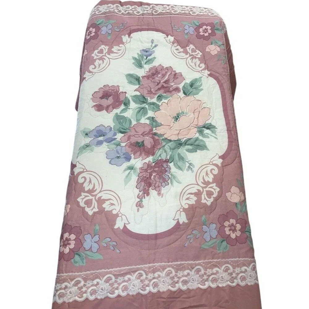 Hampton Rose Queen Comforter 86x92 Rose Cream Floral Made In USA Vintage